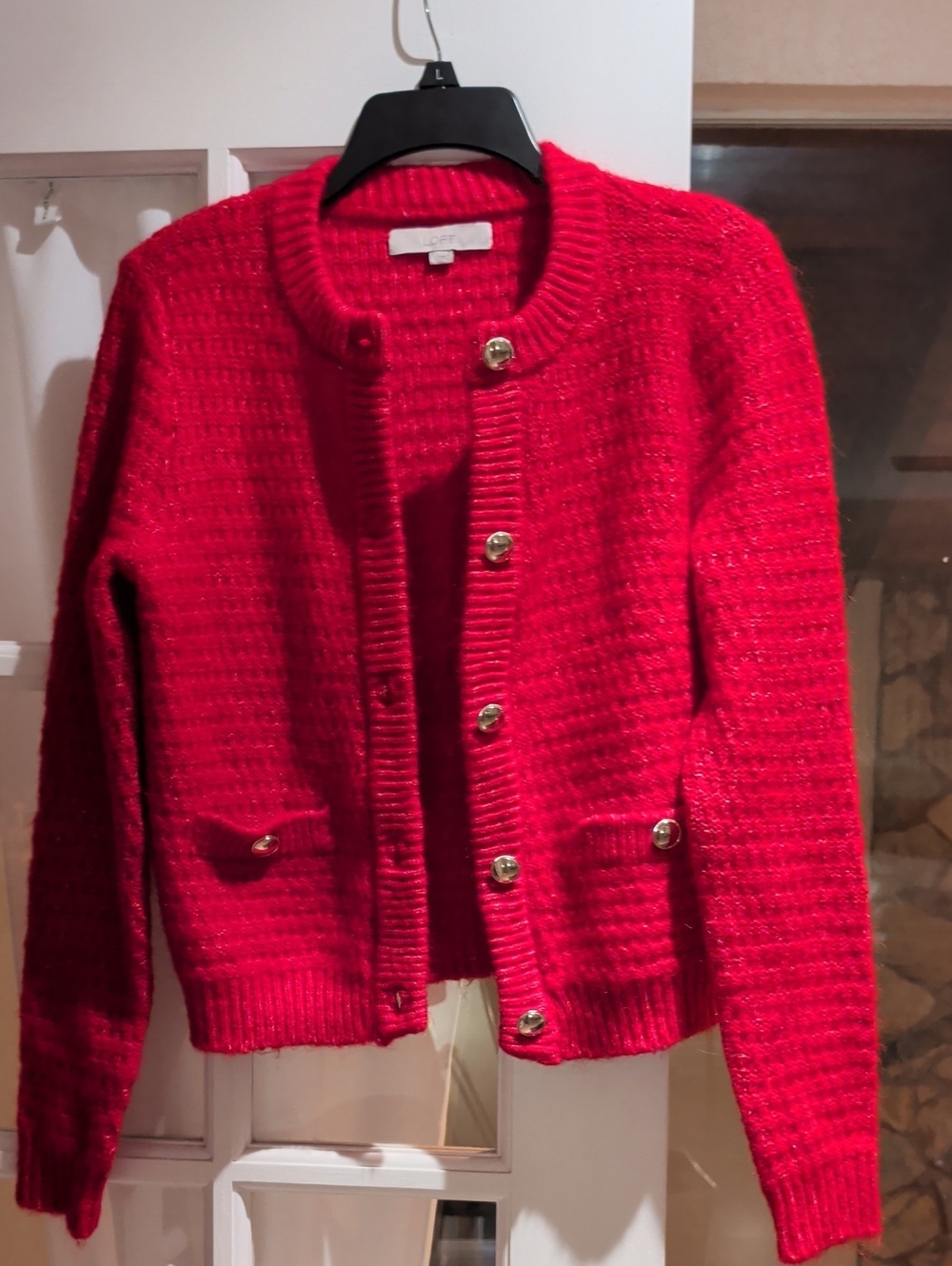 LOFT Bright Red Knit Button-Front Cardigan